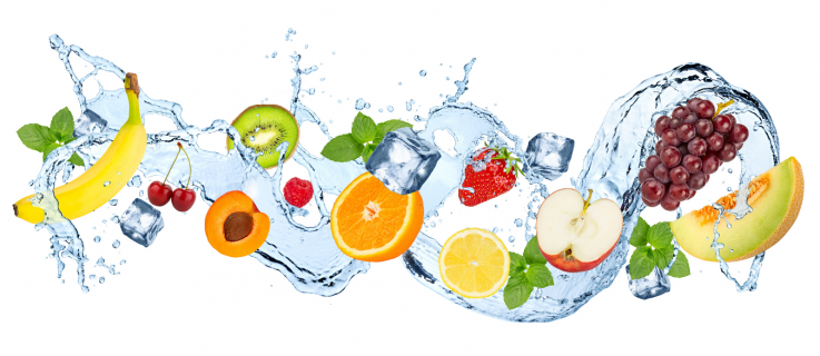 An illustration of high-dose vitamin c IV infusions: the image depicts water forming a spiral with brightly colored images of vitamin c-loaded fruit.