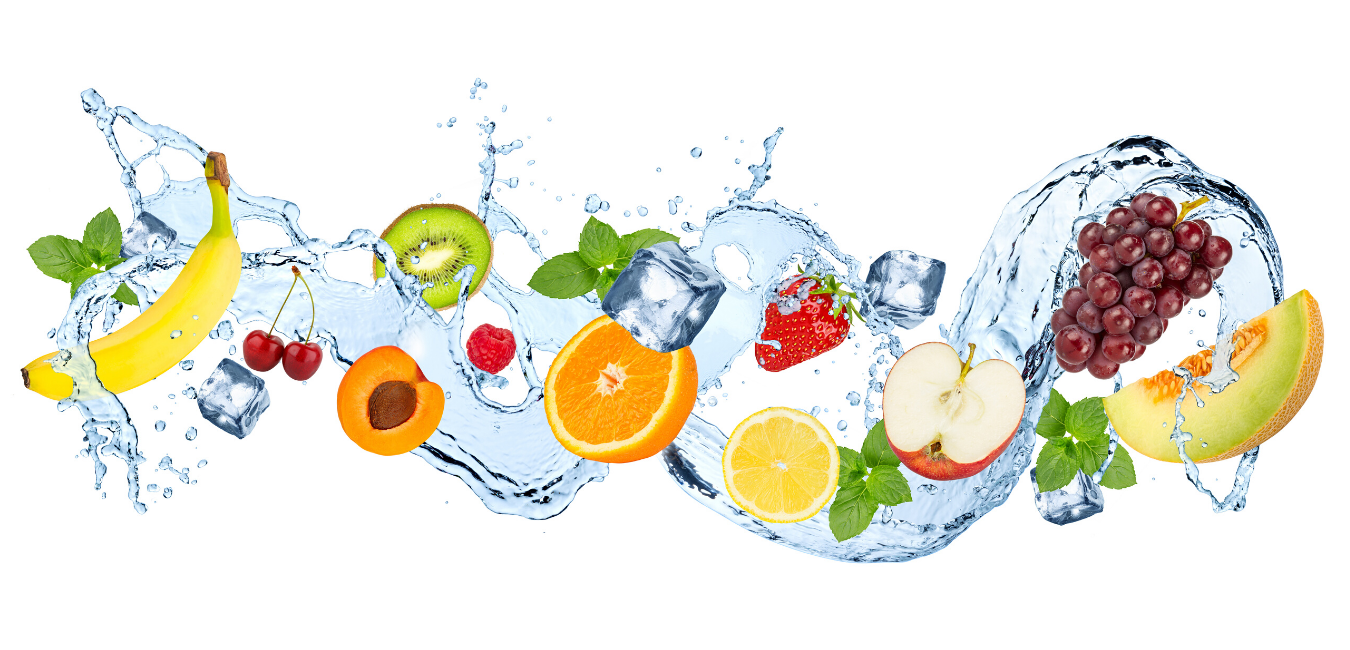 An illustration of high-dose vitamin c IV infusions: the image depicts water forming a spiral with brightly colored images of vitamin c-loaded fruit.